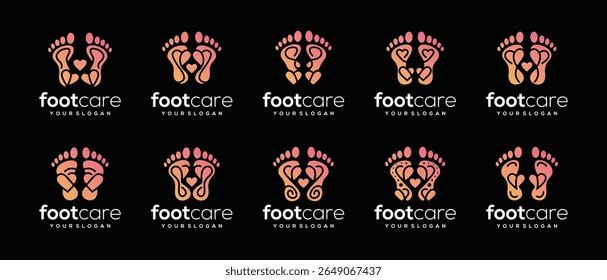 Foot care love logo coleção de design. Modelo do logotipo do cuidado do pé podiatry. Ícone de símbolo de logotipo de amor do pé