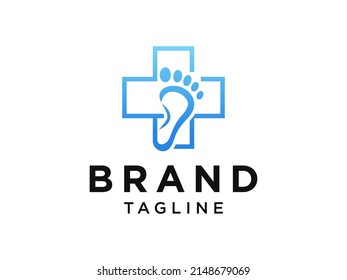 Foot Care Medical Logo. Blue Gradient Cross Sign with Negative Space Footprint inside isolated on White Background. Flat Vector Logo Design Template Element.