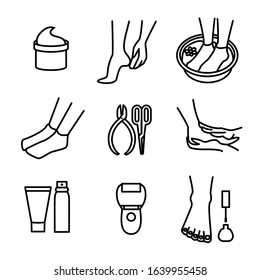 Foot Care Sign Black Thin Line Icon Set Include of Cream, Feet, Toe, Scissor and Clipper. Vector illustration of Icons