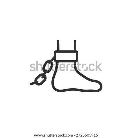 Foot with chain, linear icon. Restriction, limitation, or loss of mobility. Line with editable stroke.