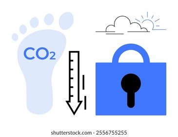 Foot with CO2 text and arrow pointing down, sun behind clouds, and lock. Ideal for climate change, carbon footprint, sustainability, environmental security, greenhouse gases. Vector style with simple