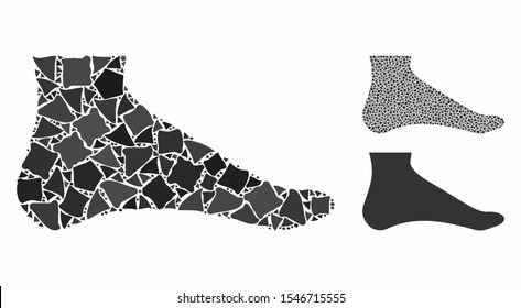Foot composition of abrupt pieces in various sizes and shades, based on foot icon. Vector abrupt pieces are organized into composition. Foot icons collage with dotted pattern.