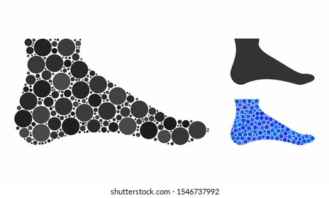 Foot composition of filled circles in various sizes and color tones, based on foot icon. Vector filled circles are combined into blue illustration. Dotted foot icon in usual and blue versions.