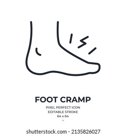 Foot cramp concept editable stroke outline icon isolated on white background flat vector illustration. Pixel perfect. 64 x 64.