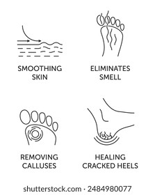 Foot cream features icons set - Smoothing skin, Eliminates smell, Removing calluses, Healing cracked heels. Pictograms for labeling in thin line