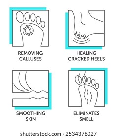 Foot cream features icons set - Smoothing skin, Eliminates smell, Removing calluses, Healing cracked heels. Pictograms for labeling in thin line and square shape