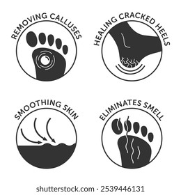 Foot cream features icons set - Smoothing skin, Eliminates smell, Removing calluses, Healing cracked heels. Pictograms for labeling in monochrome style