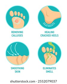 Foot cream features icons set - Smoothing skin, Eliminates smell, Removing calluses, Healing cracked heels. Pictograms for labeling in color