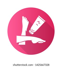 Foot cream flat design long shadow glyph icon. Skincare product vector silhouette illustration. Feminine hygiene, body care. Suntan and sunburn protection. Woman legs and moisturizing lotion tube