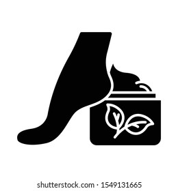 Foot cream jar glyph icon. Moisturizing lotion. Skincare product. Footcare. Paraben free. Dry skin solution. Organic cosmetics. Silhouette symbol. Negative space. Vector isolated illustration