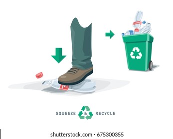 Foot depress empty pet bottle and put into recycling trash bin. Squeezed plastic trash flat under the shoe with green garbage can. Isolated vector illustration. Reduce the volume of recyclate.