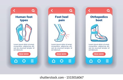 Foot disease and treatment on mobile app onboarding screens. Line icons, foot types, heel pain, orthopedics boot on samples. Banners for website and mobile kit development UI/UX/GUI template