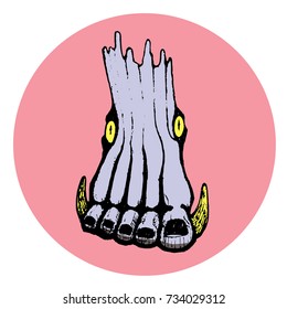 foot drawing illustration. boar head mix to foot shape. tattoo design. illustration vector. line art composition.  yellow eye boar. hand draw.