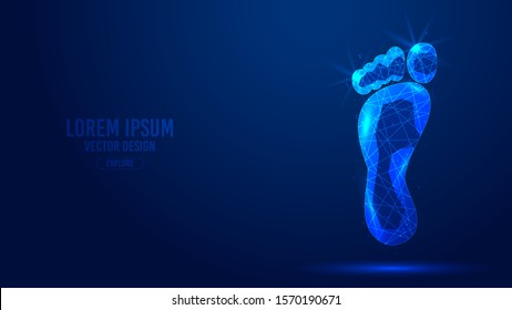 Foot feet geometric lines, low poly style wireframe vector banner template. Isolated medicine science technology concept blue background polygonal 3d abstract.