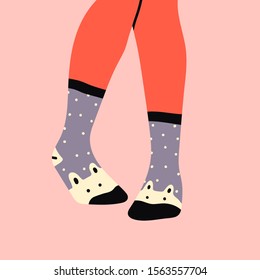 Foot, feet. Pair of female or male legs in the socks. Cool design. Polar bear or dog print. Stylish underwear. Fashion accessories. Footwear. Hand drawn vector colored trendy illustration. Flat design