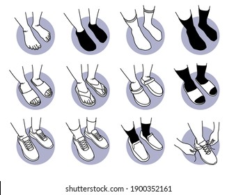 Foot and feet wearing different type of shoes and socks. Vector illustration of leg wearing stockings, slipper, sandal, sportwear, and business leather shoes. Hand tying shoelaces.  svg