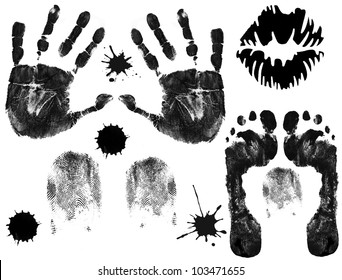 Foot, finger, lips and hand prints on white background, vector illustration