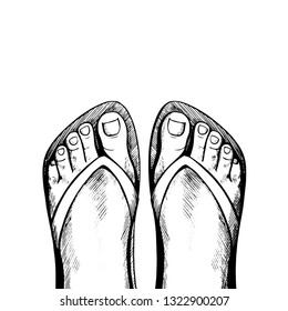 foot in a flip flops, summer time vacation attribute, slippers, shoes, sketch style vector black and white illustration isolated on white background. Hand drawn flip flops, sandals, symbol of summer
