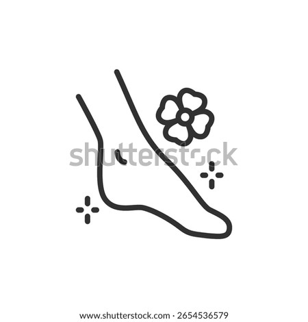 Foot with flower, linear icon. Pedicure and foot care. Line with editable stroke.