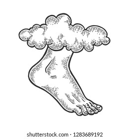 Foot of God from sky cloud engraving vector illustration. Scratch board style imitation. Black and white hand drawn image.