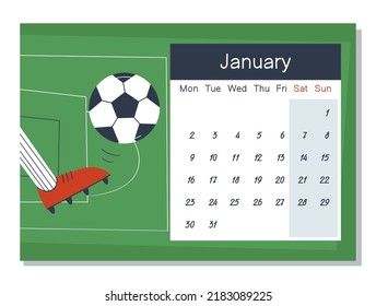 A foot in golf and a red boot kicks the ball. March 2023 calendar. The week starts on Monday, weekends are highlighted. Stylish flat vector illustration. Eps10