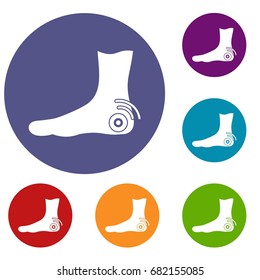 Foot heel icons set in flat circle red, blue and green color for web