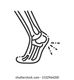 Foot heel pain line black icon. Heel spur,  calcaneal apophysitis, plantar fasciitis, disease concept. Sign for web page, mobile app, button, logo. Vector isolated button. Editable stroke.