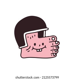 foot and helmet, illustration for t-shirt, sticker, or apparel merchandise. With doodle, retro, and cartoon style.