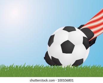 foot hitting soccer ball vector illustration