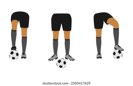 El pie sostiene la pelota de fútbol con una vista diferente. Ilustración vectorial aislada sobre fondo blanco.