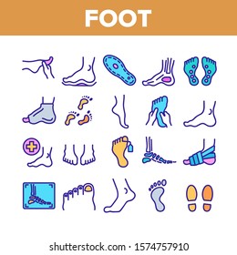 Foot Human Body Part Collection Icons Set Vector Thin Line. Skeletal Foot X-ray Photo And Bones, Footprint And Ankle, Gypsum And Heel Concept Linear Pictograms. Color Illustrations