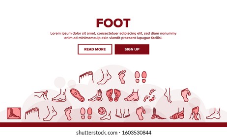 Foot Human Body Part Landing Web Page Header Banner Template Vector. Skeletal Foot X-ray Photo And Bones, Footprint And Ankle, Gypsum And Heel Illustration