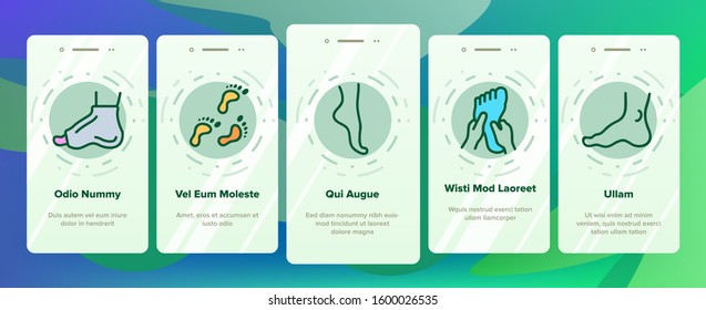 Foot Human Body Part Onboarding Mobile App Page Screen Vector. Skeletal Foot X-ray Photo And Bones, Footprint And Ankle, Gypsum And Heel Illustrations