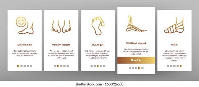 Foot Human Body Part Onboarding Mobile App Page Screen Vector. Skeletal Foot X-ray Photo And Bones, Footprint And Ankle, Gypsum And Heel Illustrations