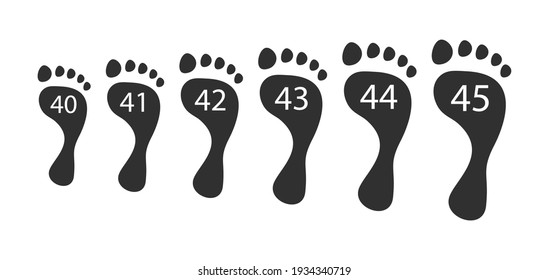 Foot Human Sizes. Black Prints Of Bare Feet From 40 To 45 Volumes Anatomy Selection Of Orthopedic Shoes For Maximum Vector Comfort.