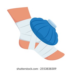 Foot with ice pack applied to injured area to reduce inflammation and alleviate pain. First aid. Vector illustration