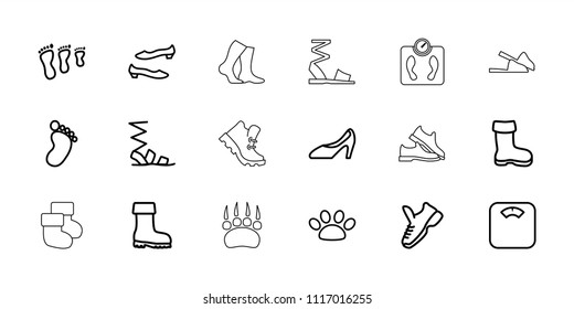 Foot icon. collection of 18 foot outline icons such as boot, sandals, shoe, floor scales, woman shoe, paw, trainers, animal paw. editable foot icons for web and mobile.