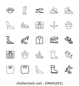 Foot icon. collection of 25 foot outline icons such as boot, floor scales, slippers, sandals, shoe, floor scale, paw, football player. editable foot icons for web and mobile.