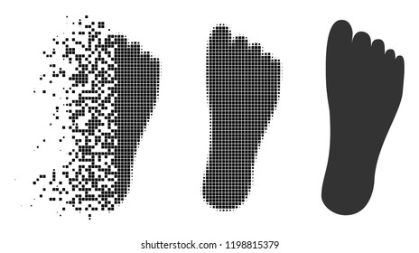 Foot icon in dispersed, pixelated halftone and undamaged entire variants. Pixels are composed into vector dispersed foot figure. Disintegration effect uses square pixels.