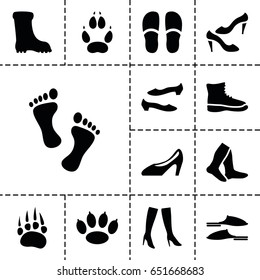 Foot icon. set of 13 filled footicons such as animal paw, socks, slippers, shoe, woman boots, boot, woman shoe, foot