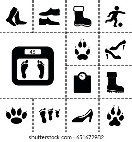 Foot icon. set of 13 filled footicons such as boot, animal paw, floor scales, socks, man shoe, shoe, woman shoe, football player, paw, family footprint