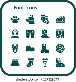  foot icon set. 16 filled foot icons. Simple modern icons about  - Pawprints, Dog, Socks, Sneakers, Cemetery, Slippers, Boots, Leggings, Shoes, Boot, Soccer, Sock, Crutch