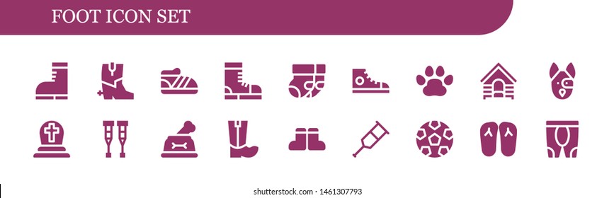 foot icon set. 18 filled foot icons.  Simple modern icons about  - Boots, Shoe, Socks, Sneakers, Pawprints, Dog, Cemetery, Crutches, Crutch, Soccer, Slippers, Leggings