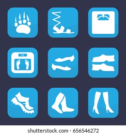 Foot icon. set of 9 filled foot icons such as animal paw, floor scales, socks, slippers, sandals, shoe, woman boots