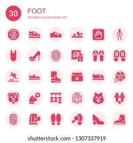 foot icon set. Collection of 30 filled foot icons included Chelsea, Boots, Shoes, Sandals, Vestige, Body, Heels, Fingerprint, Football, Shoe, Weighing scale, Baby shoes, Dog, Pedals