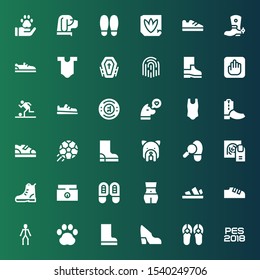 foot icon set. Collection of 36 filled foot icons included Pes, Sandals, Shoe, Boots, Pawprint, Joints, Shoes, Body, Footprints, Weighing scale, Boot, Fingerprint, Footprint, Dog