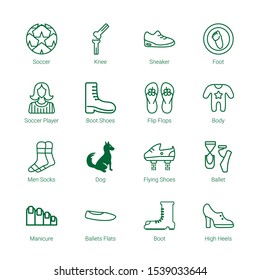 foot icons. Editable 16 foot icons. Included icons such as Soccer, Knee, Sneaker, Foot, Soccer player, Boot shoes, Flip flops, Body, Men Socks, Dog. trendy icons for web.