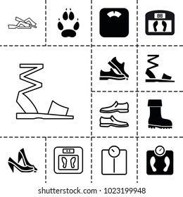 Foot icons. set of 13 editable filled and outline foot icons such as animal paw, floor scales, boot, man shoe, floor scale, sandals, shoe
