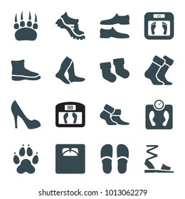 Foot icons. set of 16 editable filled foot icons such as baby socks, floor scales, socks, slippers, man shoe, boot, animal paw, sandals, floor scale