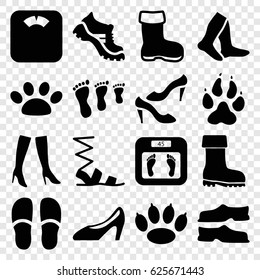 Foot icons set. set of 16 foot filled icons such as boot, animal paw, floor scales, socks, slippers, sandals, shoe, woman boots, woman shoe, paw